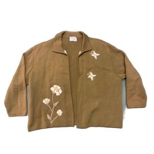 Vintage Lady Alice Kaye Brown Floral Wool Cardigan Sweater